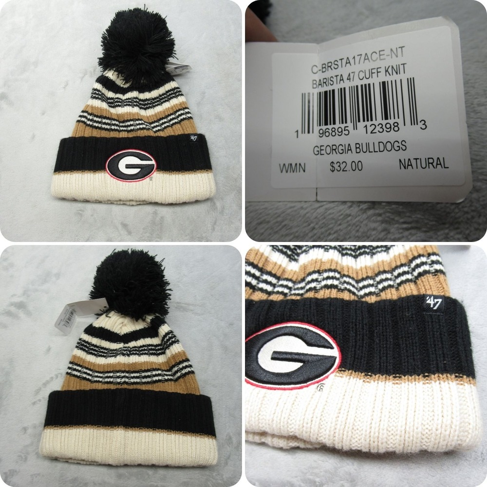 Georgia Bulldogs Beanie Hat Womens One Size 47 Cream Black Barista Cuff Knit NEW